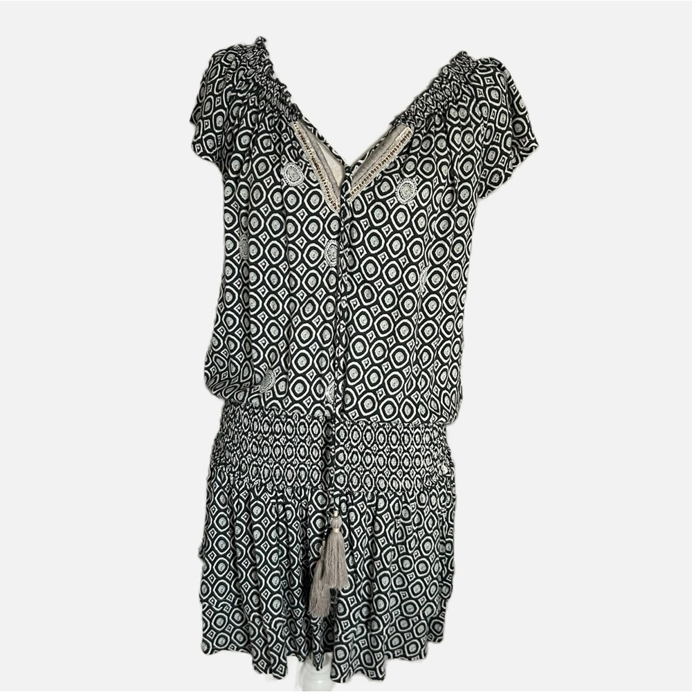 Skemo Gypsy Boho Smocked Dropped Smock Waist Tassel & Beaded Dress - Size M